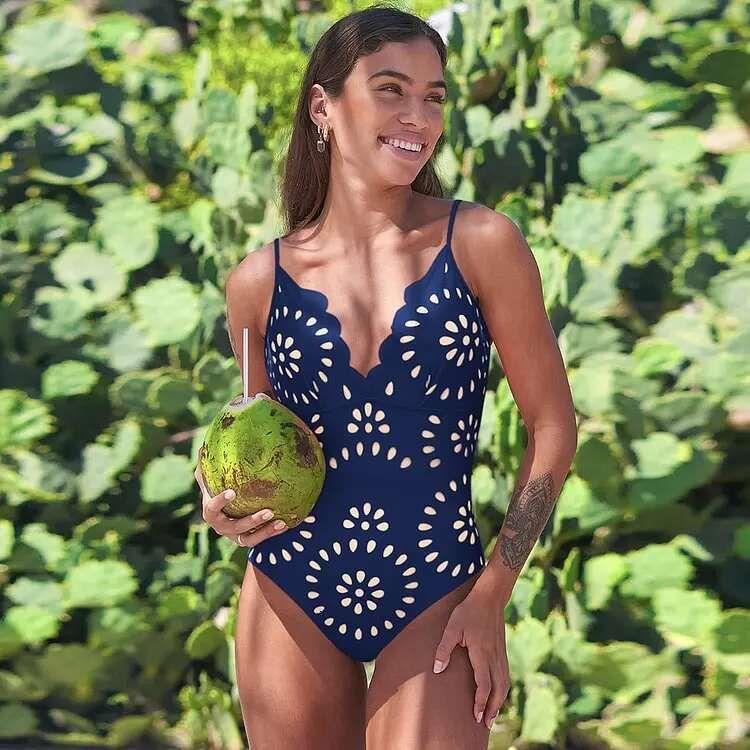 Jointlycreating Women's One Piece Swimsuit & Skirt Laser Cutting Flower Hollow Swimwear Summer Deep V Neck Bathing Suit in Red Navy Black