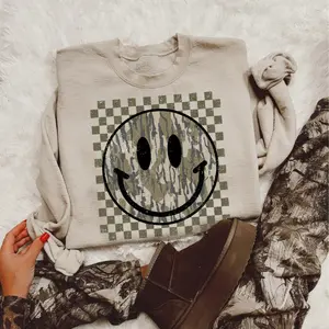 Bottomland Happy Face Sweatshirt, Retro Camo Smiley Apparel, Western Checkerboard Sweater, Trendy Outfits, Comfortable Long Sleeve, Streetwear