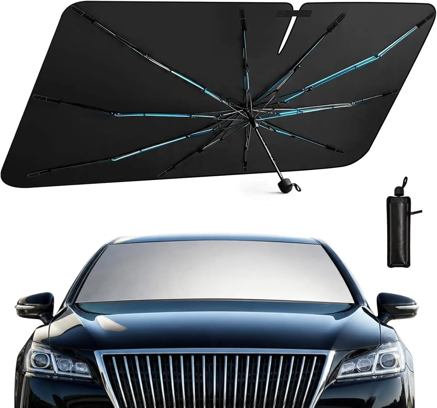 Two Packs [Upgraded] Windshield Sun Shade Umbrella - [Vinyl Coating Heat Shield] Protect Car from Sun Rays & Heat Damage Keep Cool and Protect Interior, Spring Structure Edge Medium 56" L x 31" W, Durable Sun Shade, Shade For Car Window