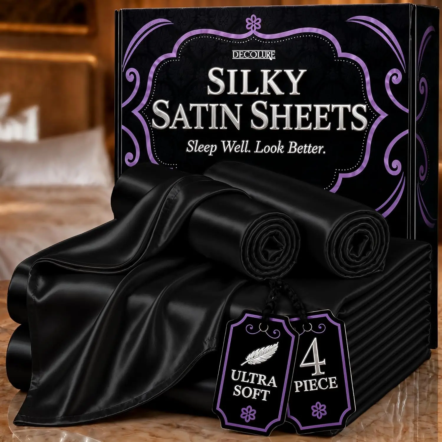 DECOLURE 4-Piece Satin Bed Sheet Set - Silky Fitted Sheet, Hypoallergenic, Double Stitched, Wrinkle-Free, 15" Deep Pockets, Elastic Edges for Secure Fit, Luxuriously Soft Bedding