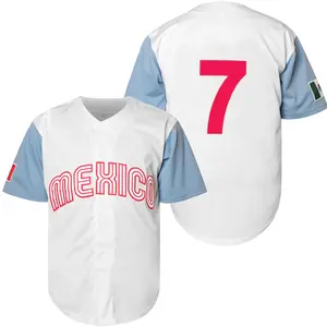 Mexico #7 White Light Blue Stitched Baseball Jersey Button Down Shirt with Mexican Flag Patch Embroidered Design Classic Team Apparel for Fans
