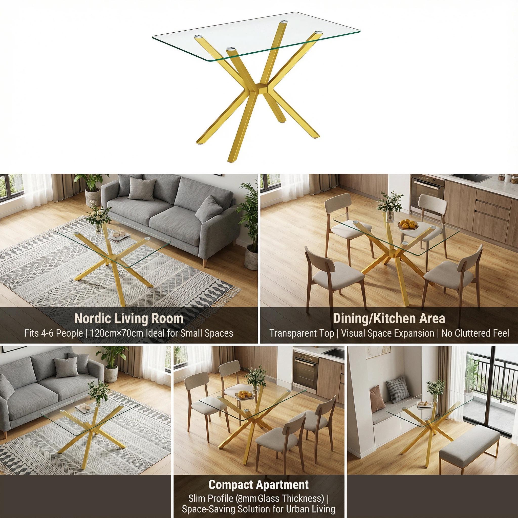 47.24" Rectangular Glass Dining Table with Metal Legs - Modern Kitchen & Dining Room Table, Stylish Durable Design Interior，Golden