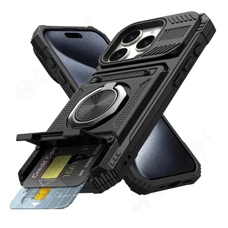 Magnetic Ring Kickstand Heavy-Duty Phone Case for iPhone Series (17,16,15,14,13,12,11 Pro Max,XS,XR,8,7 Plus) - Vintage Skull Design, Card Holder, Cash Storage, Wireless Accessory, Drop Protection
