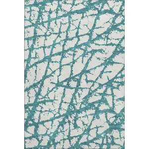 HomeRoots 676883 9 x 12 ft. Teal & Ivory Abstract Transitional Washable Machine Made Rectangle Area Rug with UV Protection