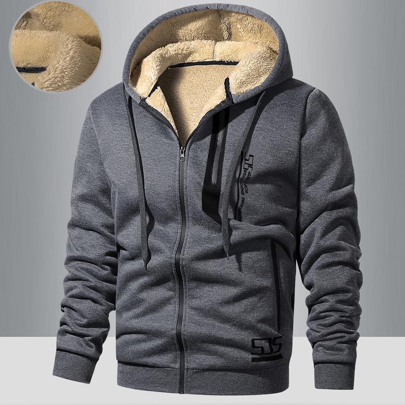 Men's Winter Fleece Lined Warm Hooded Jacket - Super Thick Windproof Zip Up Sports Sweatshirt with Pockets, Gray, Long Sleeve, Polyester, Casual Wear for Extreme Cold Weather, Autumn and Winter