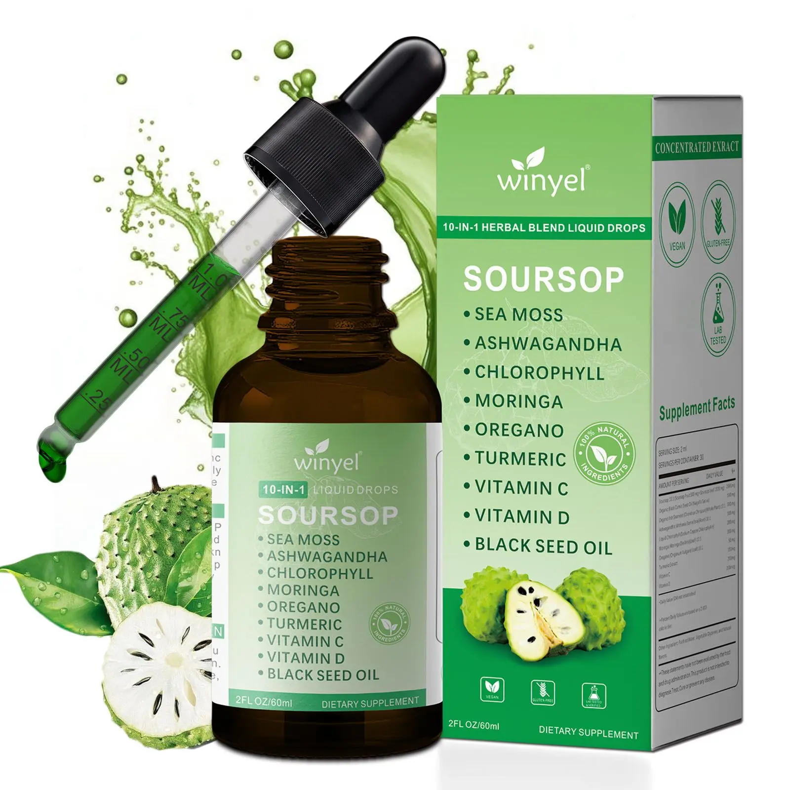 Soursop Drops 10-in-1 with seaweed, moringa, black seed oil, oregano, ashwagandha, chlorophyll | Herbal extracts promote overall health | Vegan | 2 fl oz