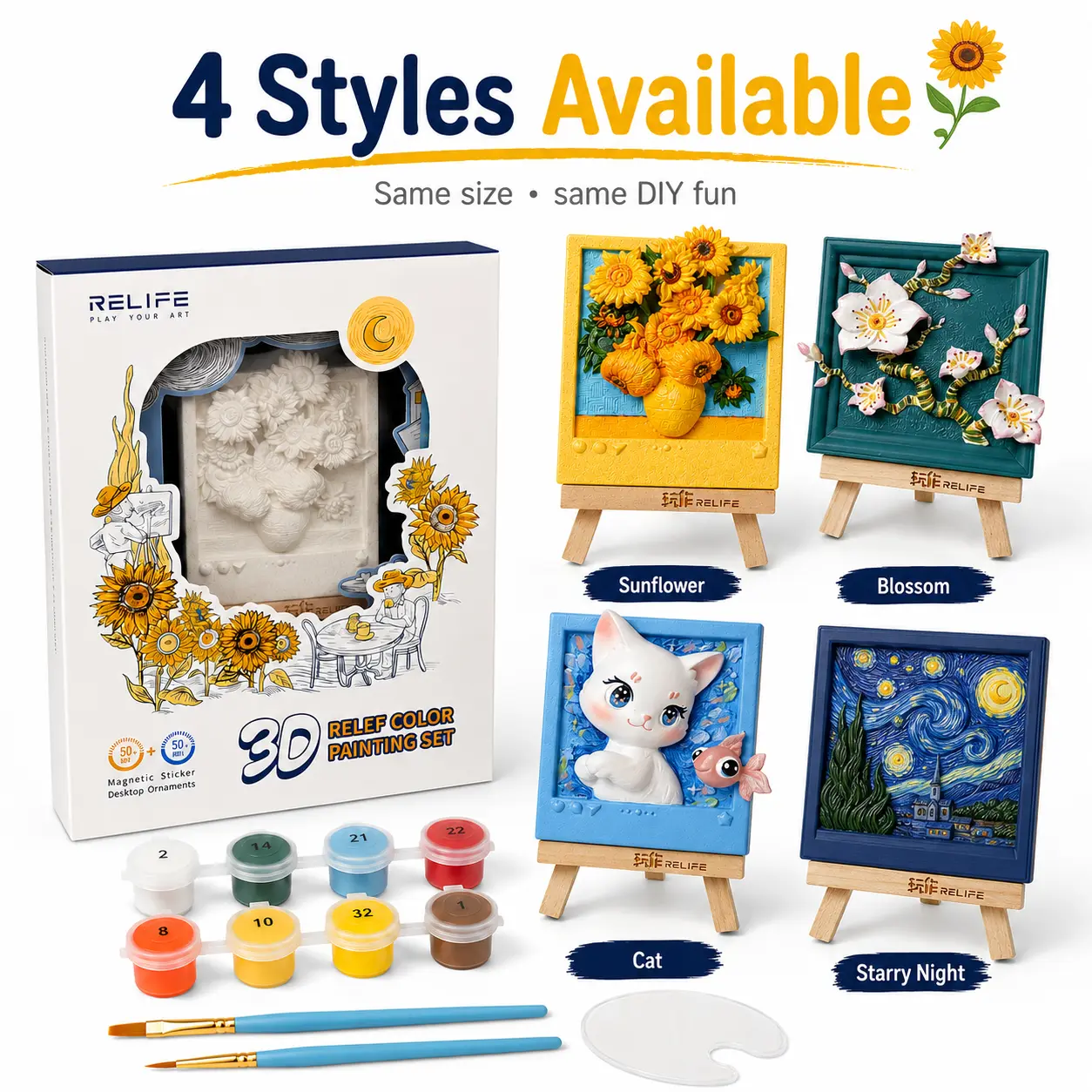 Artistic 3D Relief Painting Kit, Mini DIY Art Set with Paints, Brushes, Palette, Wooden Easel, Beginner Craft Gift for Adults
