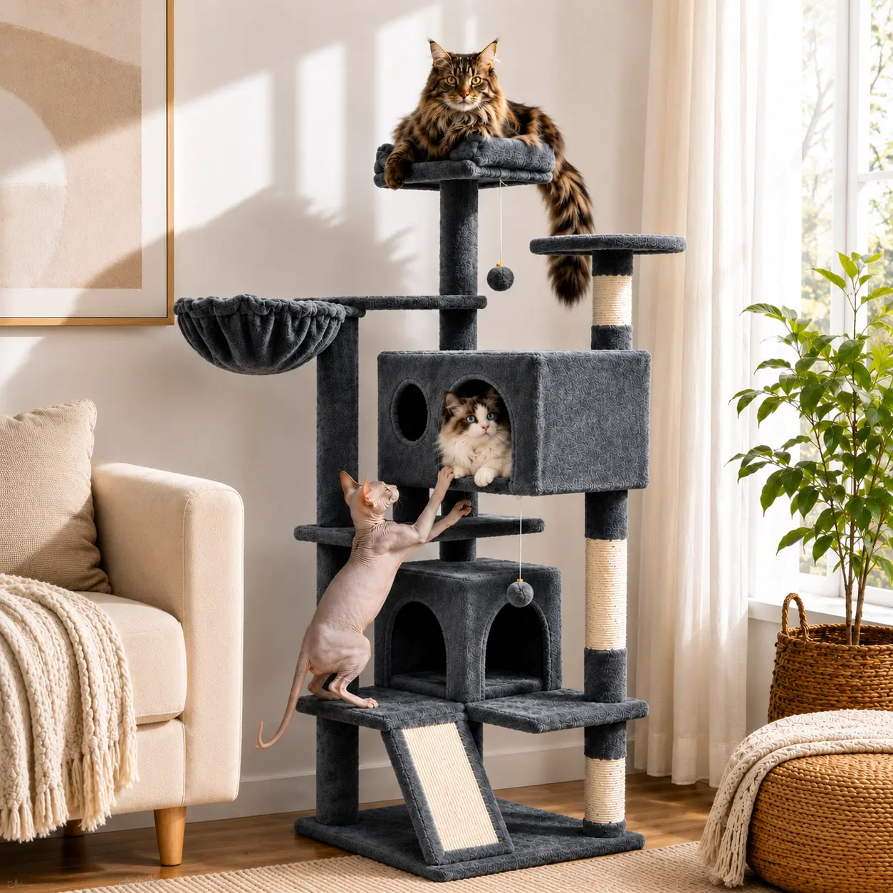 【On Sale】Yaheetech 54"/57''/63"/79"/82" Cat Tree Multilevel Cat Tower with 2 Condos & Dangling Ball & Round Platform & Ladder