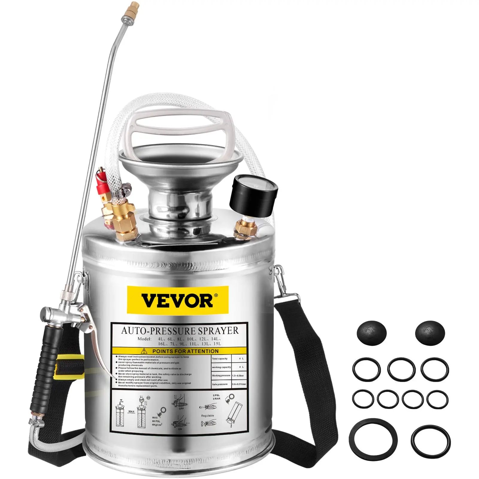 【FathersDayGift】VEVOR 1Gal Stainless Steel Hand Pump Sprayer,  , Set with 12" Wand& Handle& 3FT Reinforced Hose, Pressure Gauge&Safety Valve, Adjustable Nozzle Suitable for Gardening and Sanitizing, Silver