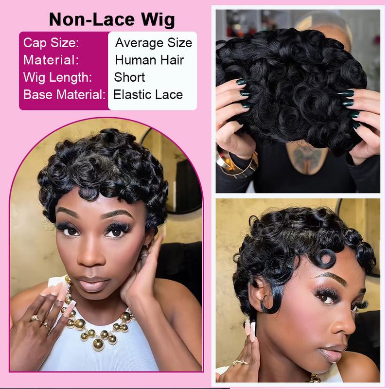 ShowReal 025 Short Pixie Cut Egg Wavy Curly Bomb Black Colorful Mommy Wig Pin Curls Brizalian Virgin Human Hair Cute Style Wigs For Black Women Daily Party Use