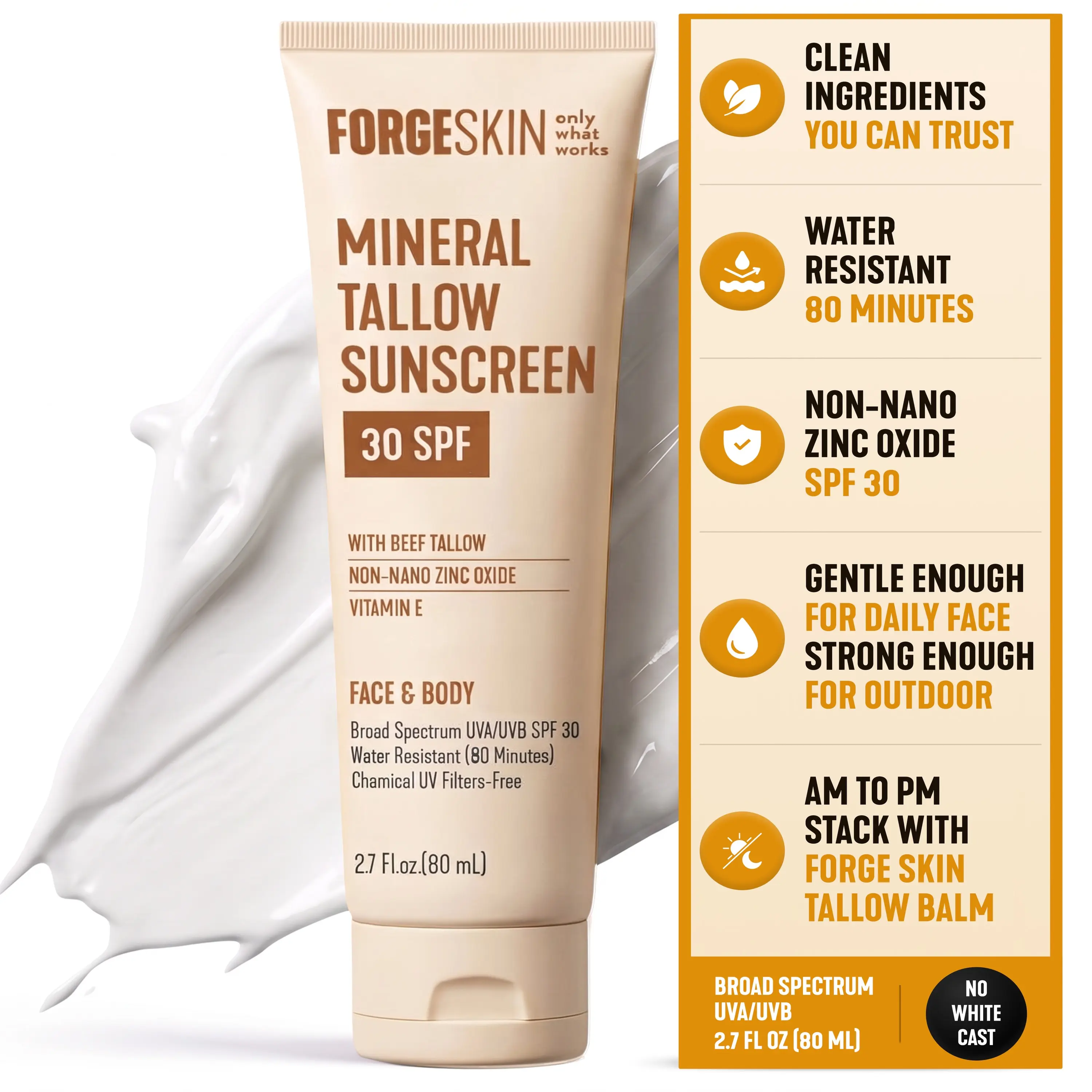 Mineral Tallow Sunscreen 30 SPF for Face & Body by FORGE SKIN with Non-Nano Zinc Oxide Daily Moisturizing Facial Sunblock