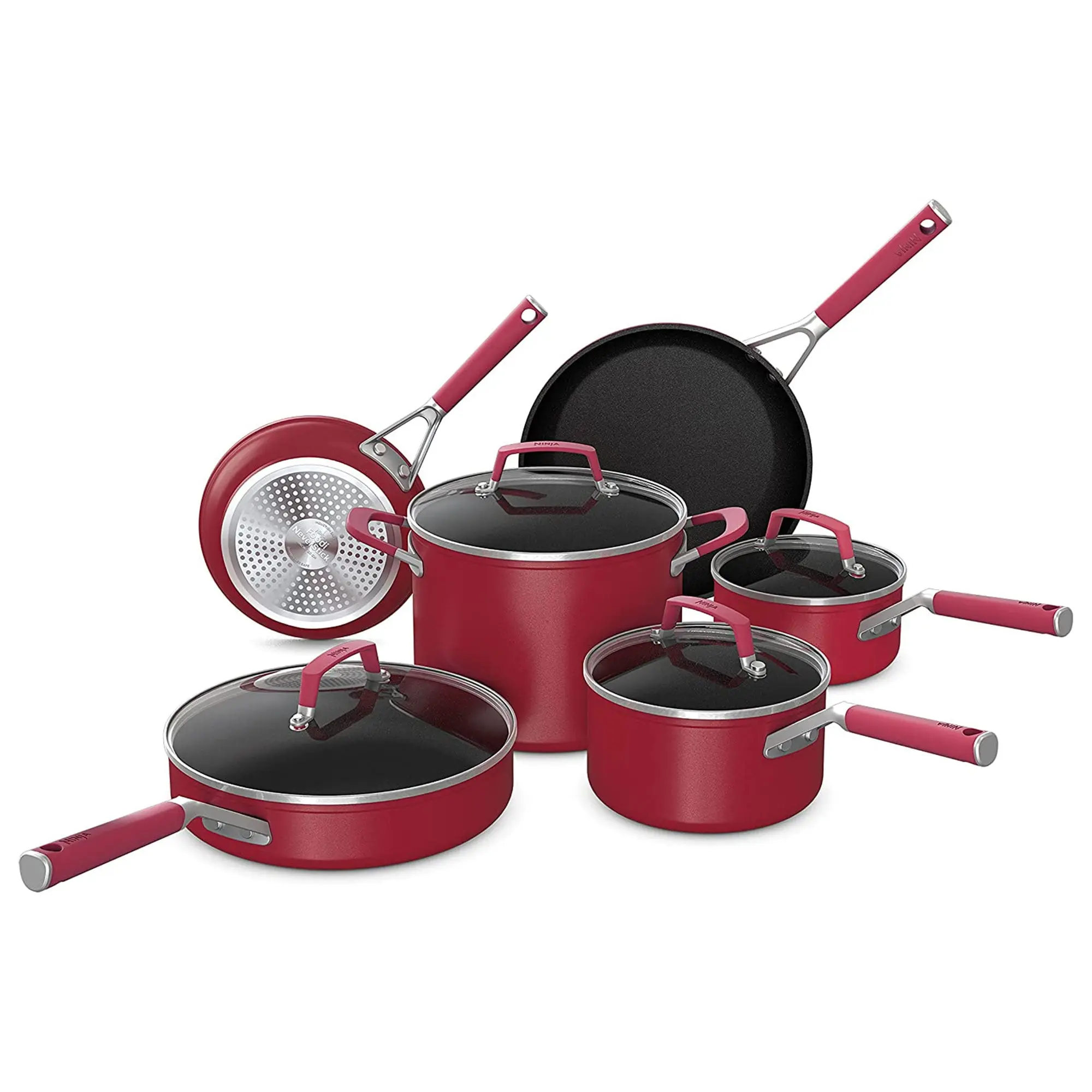 NINJA Foodi Nonstick Aluminium Cookware Set - Red, Double Riveted Silicone Handles, Oven-Safe, Stove-Compatible, Ideal for Bake, Grilling, Braising, Seals Like Steel