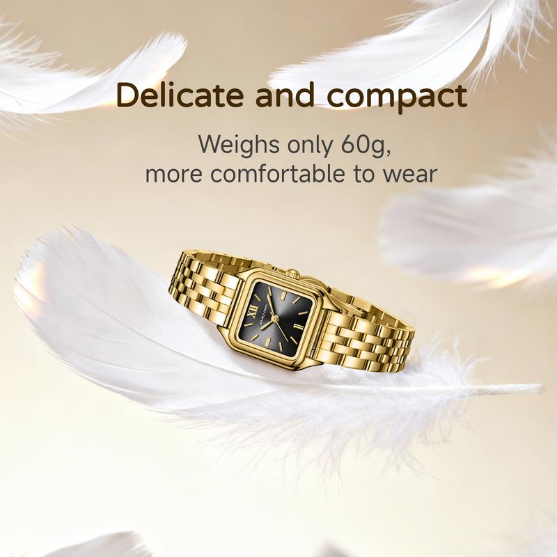 AMOVAN Gold Stainless Steel Bracelet Watch with Black Dial and Roman Numerals