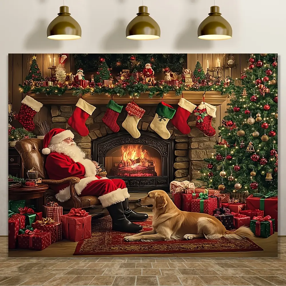 Large Polyester Christmas Party Backdrop Banner - Santa Claus & Fireplace Design, with Letters for Outdoor, Garden Celebrations
