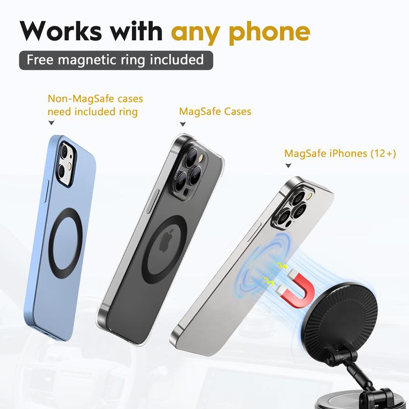 Strong Magnetic Car Phone Holder for iPhone 15/14/13/12 - 360° Rotating Foldable Vacuum Suction Mount Fits All Cars & Phones