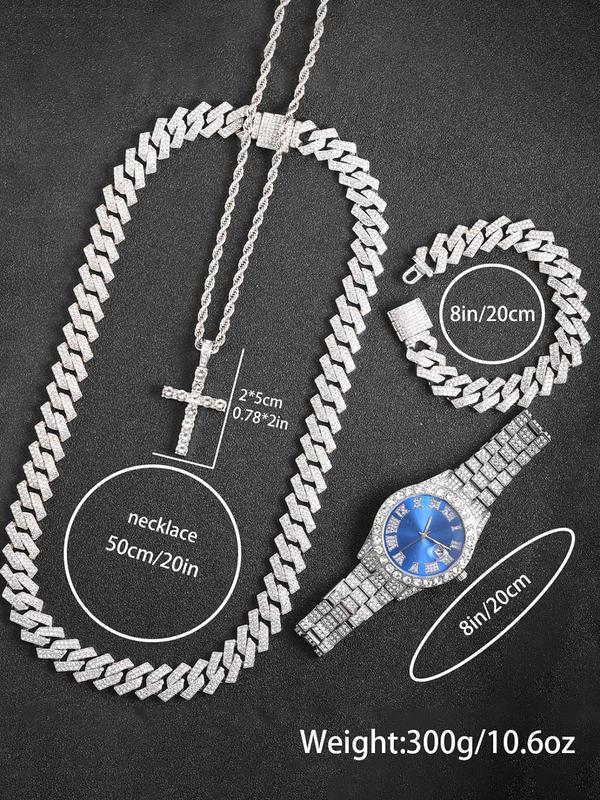 Luxury Punk Watch Set with Necklace Bracelet Cross Pendant, Analog Quartz Movement, Adjustable Strap, Unisex Gift Box for All Seasons, Fashionable Jewelry Set