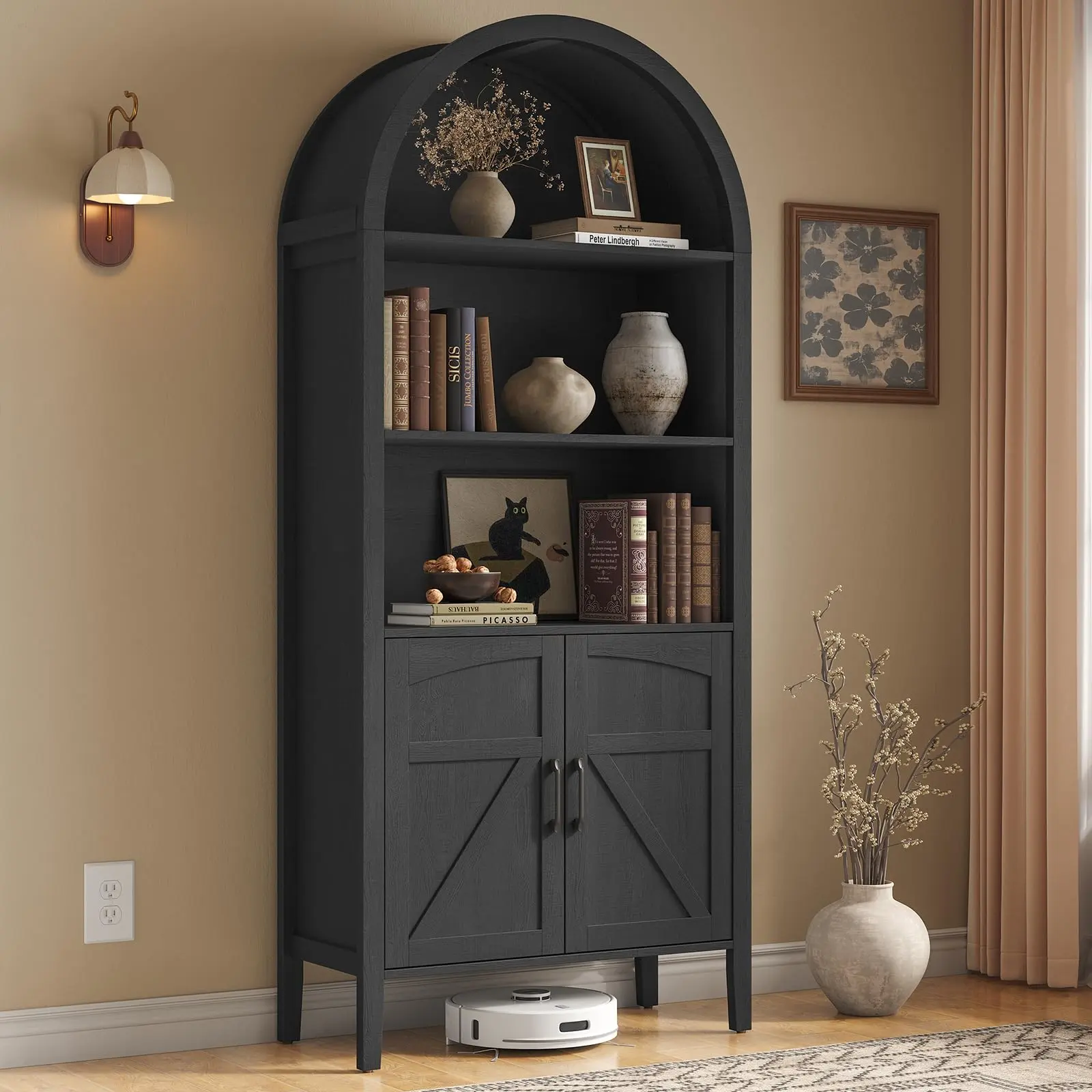 【BackToSchool】ONBRILL 71in Tall Arched Modern Bookshelf - 5-Tier Contemporary Farmhouse Freestanding Engineered Wood Bookcase with Door, Storage Cabinet, Adjustable Shelves, Assembly Required Easy Setup Home Office Furniture for Collectibles