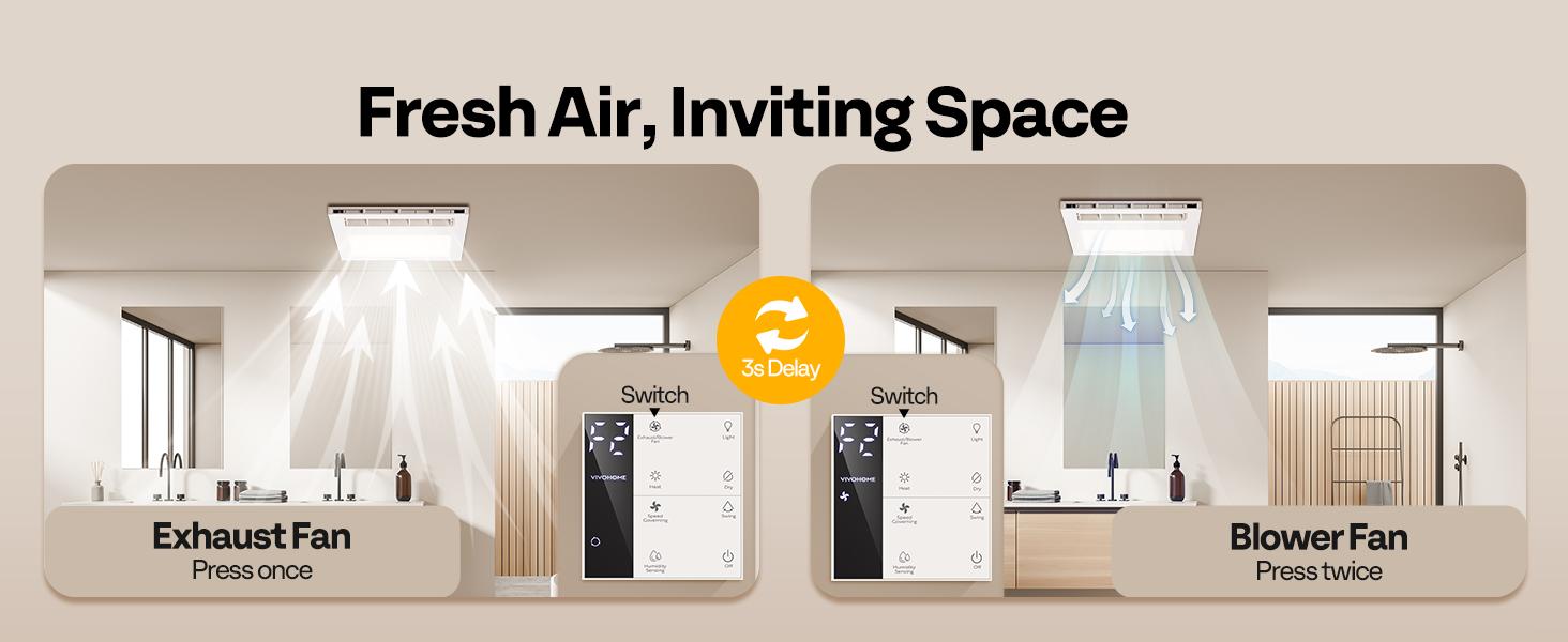 VIVOHOME Bathroom Exhaust Fan with PTC Heater, Humidity Sensor & LED Light, Ceiling Mount Ventilation Fan, 160 CFM DC Motor, 3 Color Temperatures, Remote Control, Oscillating Louver