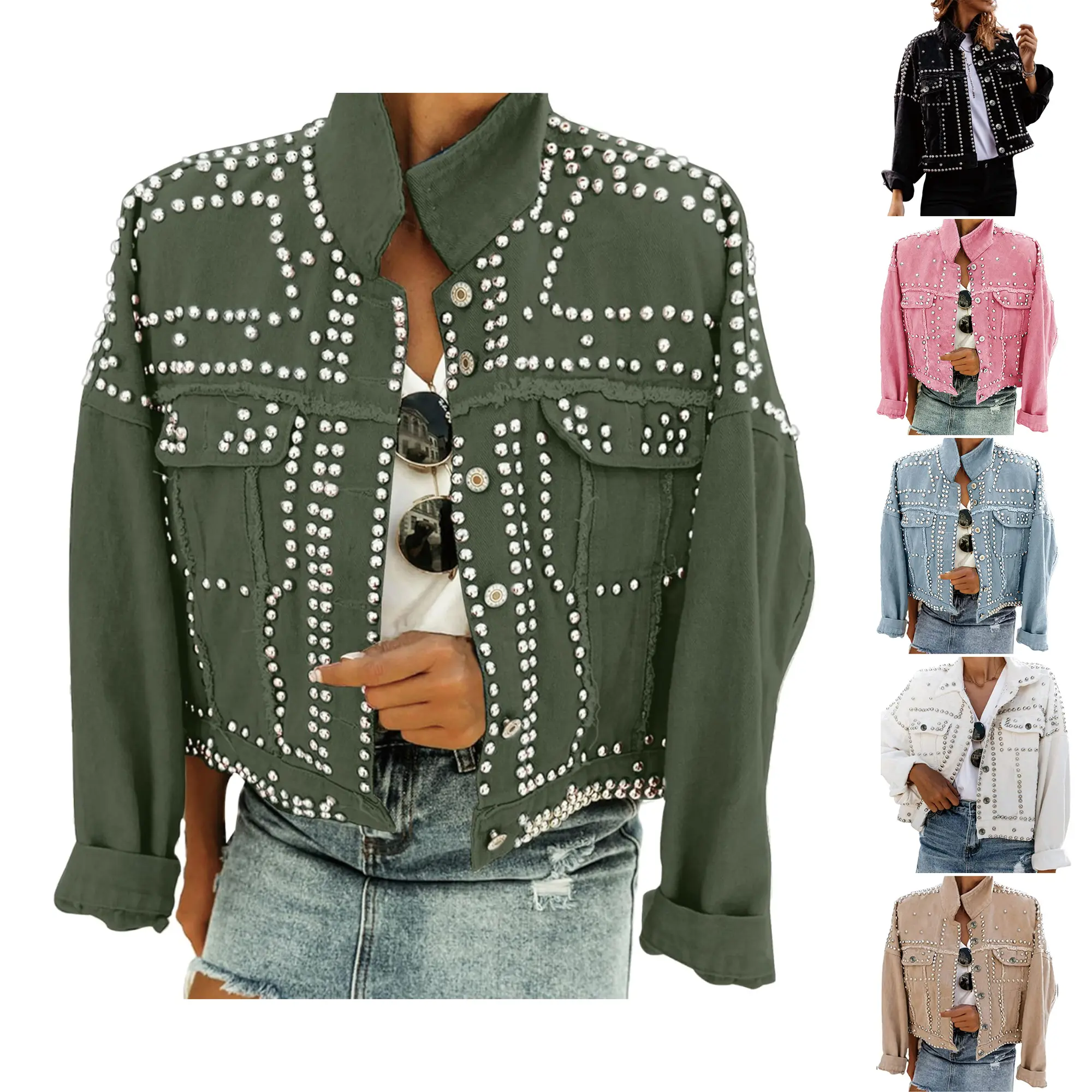 Tanming Women's Collared Lightweight Denim Jacket, Long Sleeve Rivet Studded Button Front Outerwear, Classic Distressed Coats with Pockets, Women's Tops,summerwins