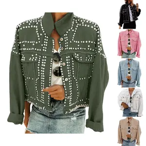 Tanming Women's Collared Lightweight Denim Jacket, Long Sleeve Rivet Studded Button Front Outerwear, Classic Distressed Coats with Pockets, Women's Tops
