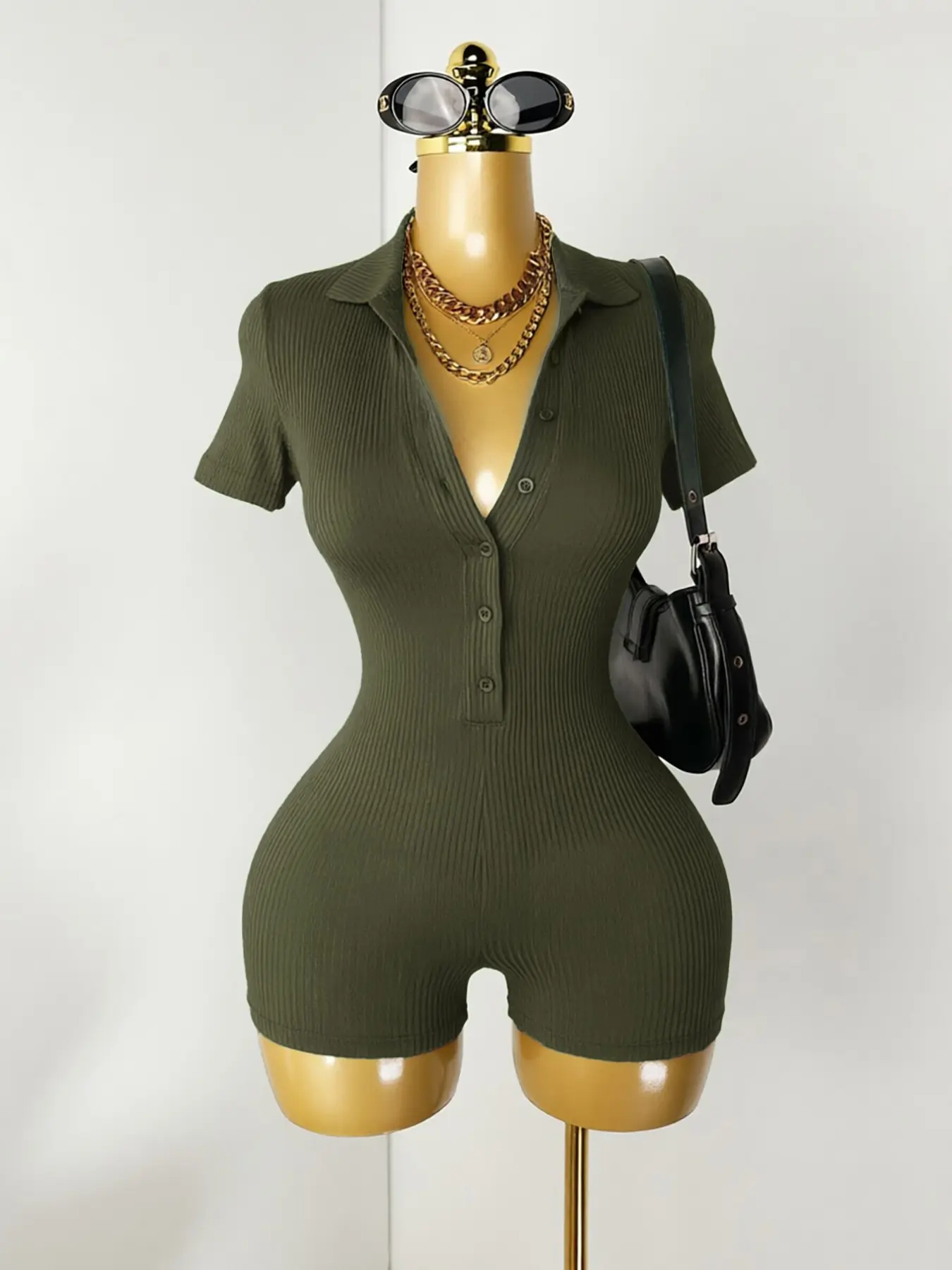 Casual Polo Collar Ribbed Romper, Casual Fitted Romper, Slim Fit Romper for Brunch & Errands, Sporty Style, Button-Placket Design, Plain Color, Basic