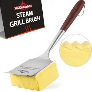 Bristle-Free Steam Cleaning Grill Brush,with Extended Luxurious Rosewood Handle,Unique Wavy Pad Seamless-Fit Cast Iron/Stainless-Steel Grates,Safe Grill Cleaner for Outdoor Grill