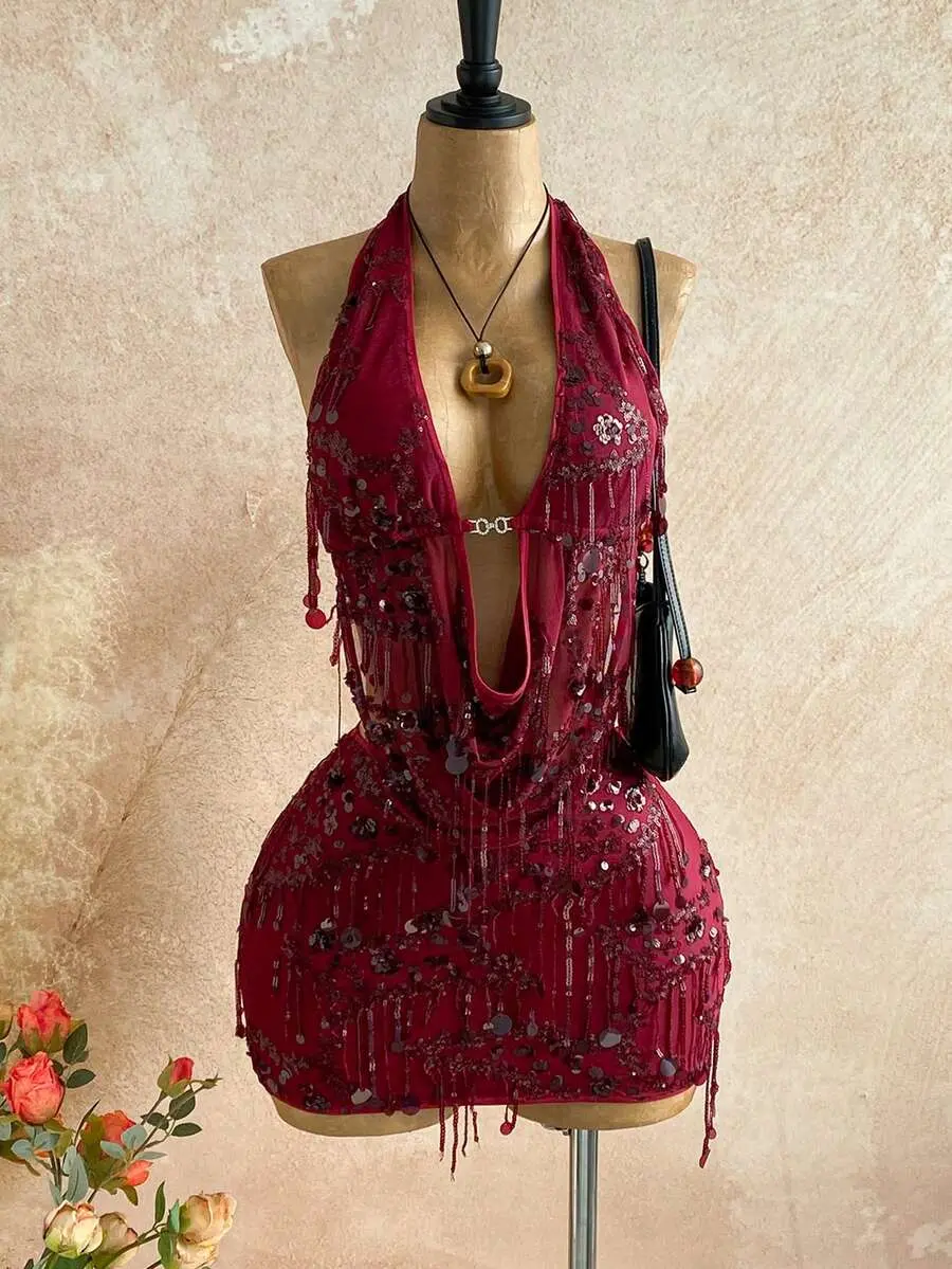 Glamorous Fringe Sequin Camisole & Mini Skirt Set for Festivals, Parties, Christmas, Halloween, New Year's Eve, Annual Galas, and Holiday Celebrations