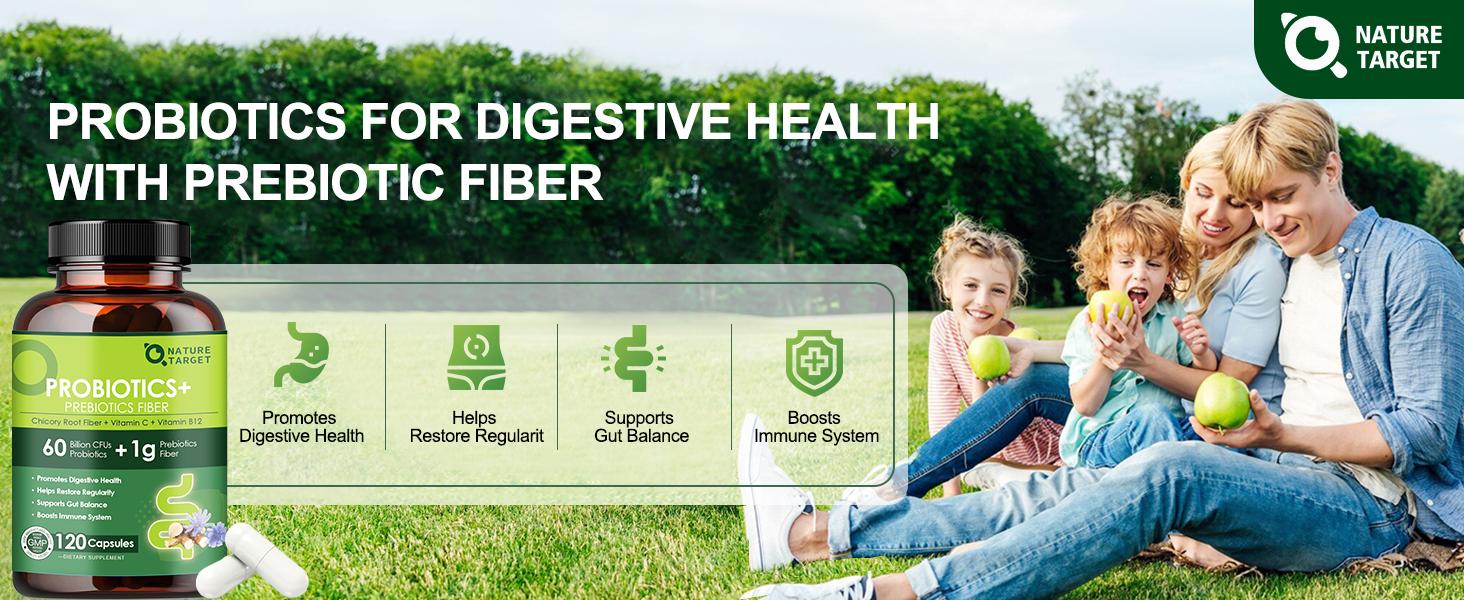 NATURE TARGET Prebiotic Fiber Supplement with 60 Billion Probiotics for Digestive Health - Prebiotics and Probiotics for Women & Men Regularity, Supports Occasional Constipation - 120 Veggie Capsules