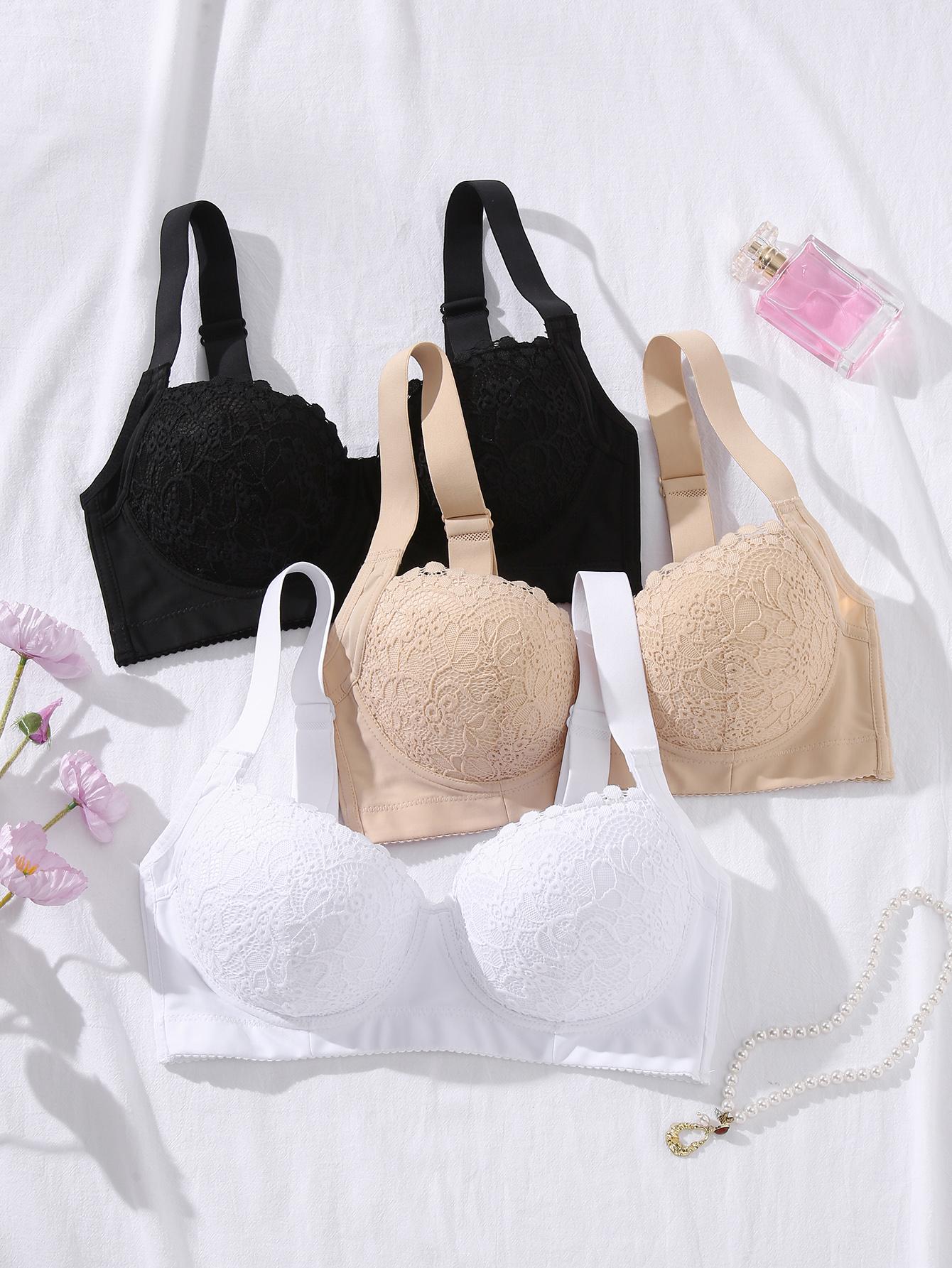 Mimilemon 3PCS Elegant Ladies Bra Non-Detachable Pads Steel Cups Floral Pattern Comfortable All-Day Wear Adjustable Underwear everyday lace Elegance Womenswear Push up bra brasier Aesthetic Style