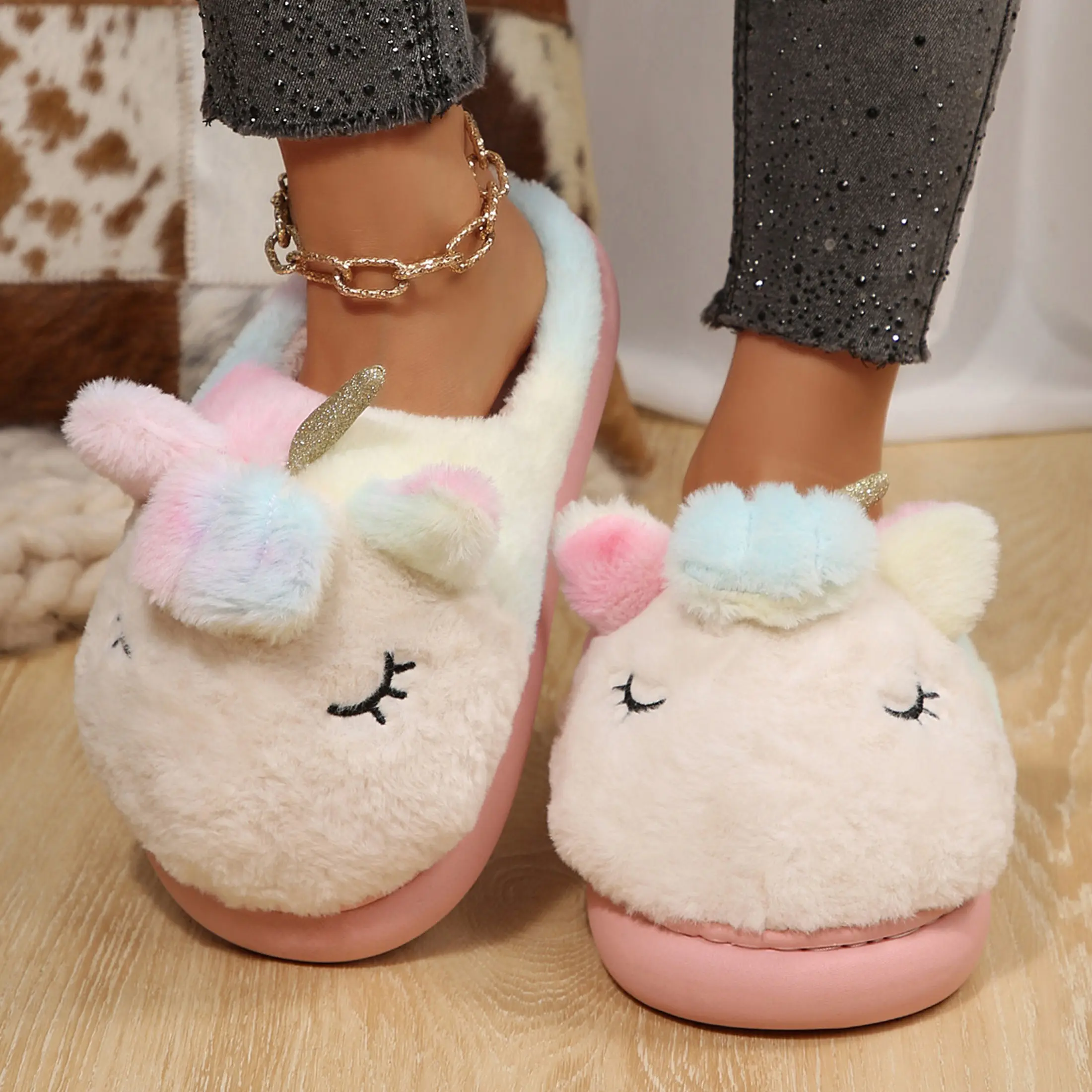 Women's Cute Unicorn Slippers Lightweight Warm Plush House Slip-on Shoes Animal Slippers