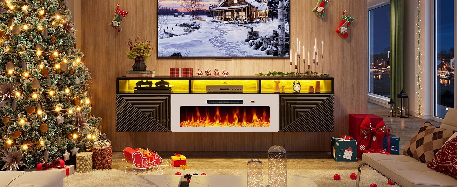 Amerlife 80 inch Floating TV Stand with 40" Electric Fireplace, 80in/70in Wall Mounted Electric Fireplace Entertainment Center with Storage Space