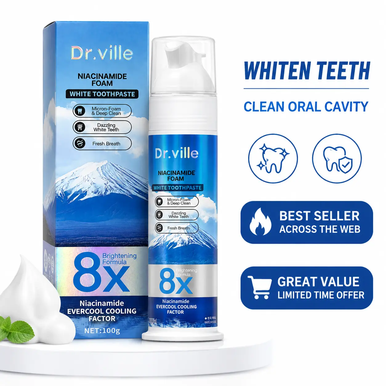 Dr.ville Niacinamide Oral Brightening Toothpaste with Charcoal, Menthol & Mint - Daily Oral Care, Fresh Breath, Plaque & Stain Removal Deep Clean Foam Toothpaste 100g-B, Foaming, Cleansing, Daily Care Toothpaste