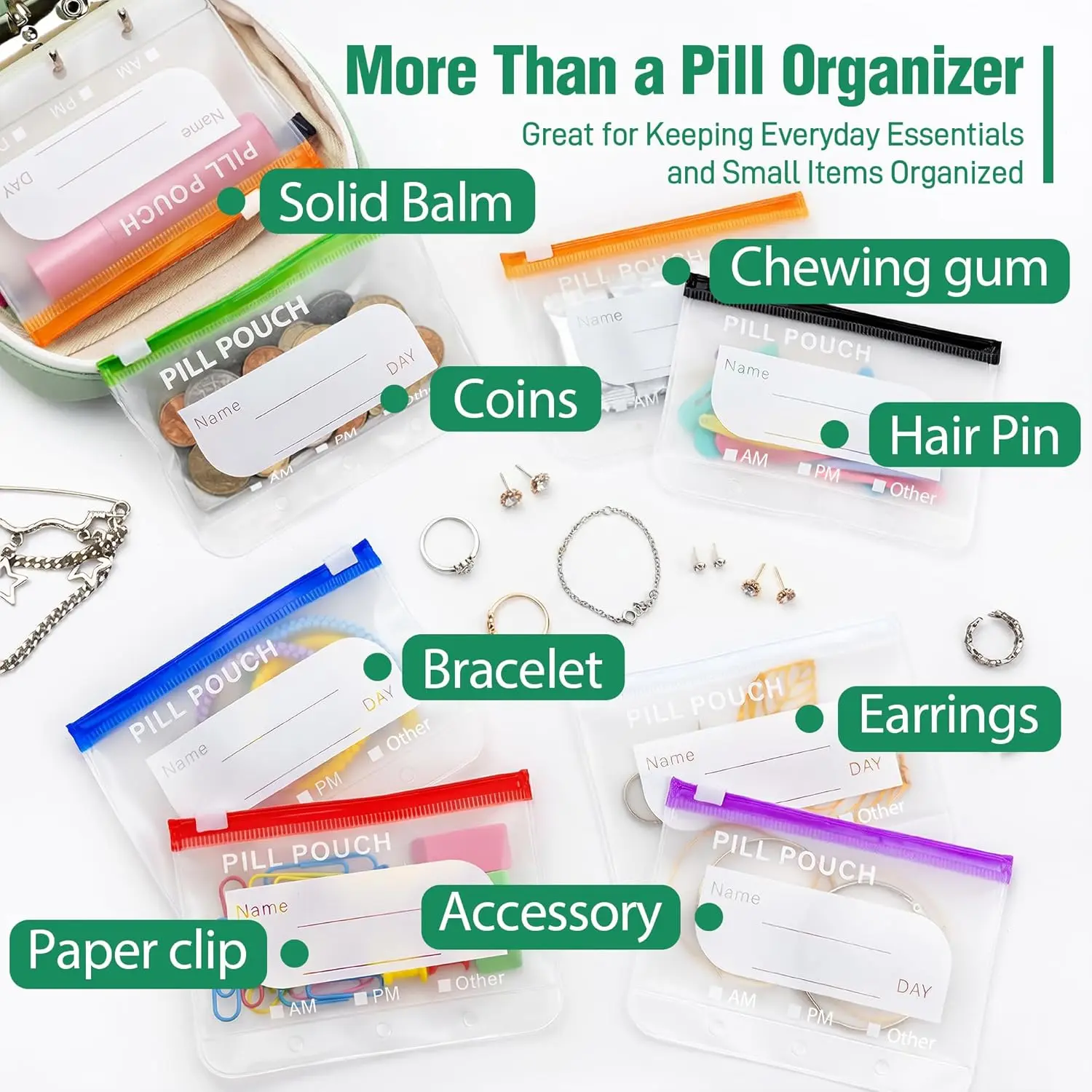 A8 Waterproof Pill Pouch Set, Large Weekly Pill Organizer with 14 Color-Coded Medicine Pouches, Reusable Travel Medicine Organizer, Zippered Pill Storage for Fish Oils, Vitamins