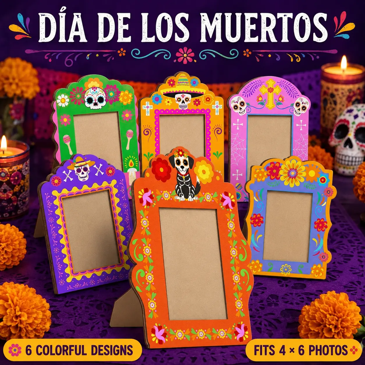 Día de los Muertos Picture Frame 4x6, Day of the Dead Decorations, Ofrenda Altar Photo Frame, Sugar Skull Memorial Picture Holder, Mexican Home Table Decor, Halloween Photo Display, 6 Designs