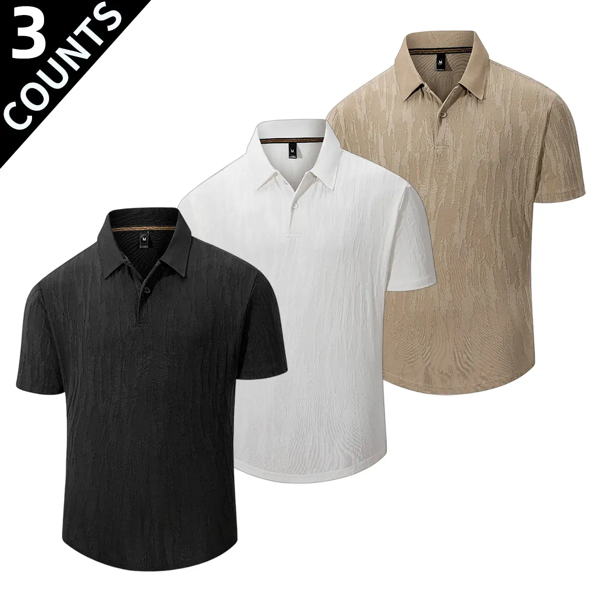 Men's 3-Piece Basic Fitted Short-Sleeve Polo Shirts Set, Stiff Collar Button Tops with Elastane Stretch Textured Woven Fabric, Office Business Basics, Work
