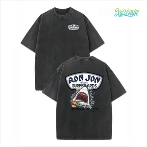 Shark Surfing Pattern Men's Summer Round Neck Short Sleeved T-Shirt, Unisex T-Shirt, Comfortable And Fashionable, Men's Clothing, 230G Washed Cotton High-Quality Double-Sided Printed Retro Washed Cotton T-Shirt, Suitable For Retro Street Style