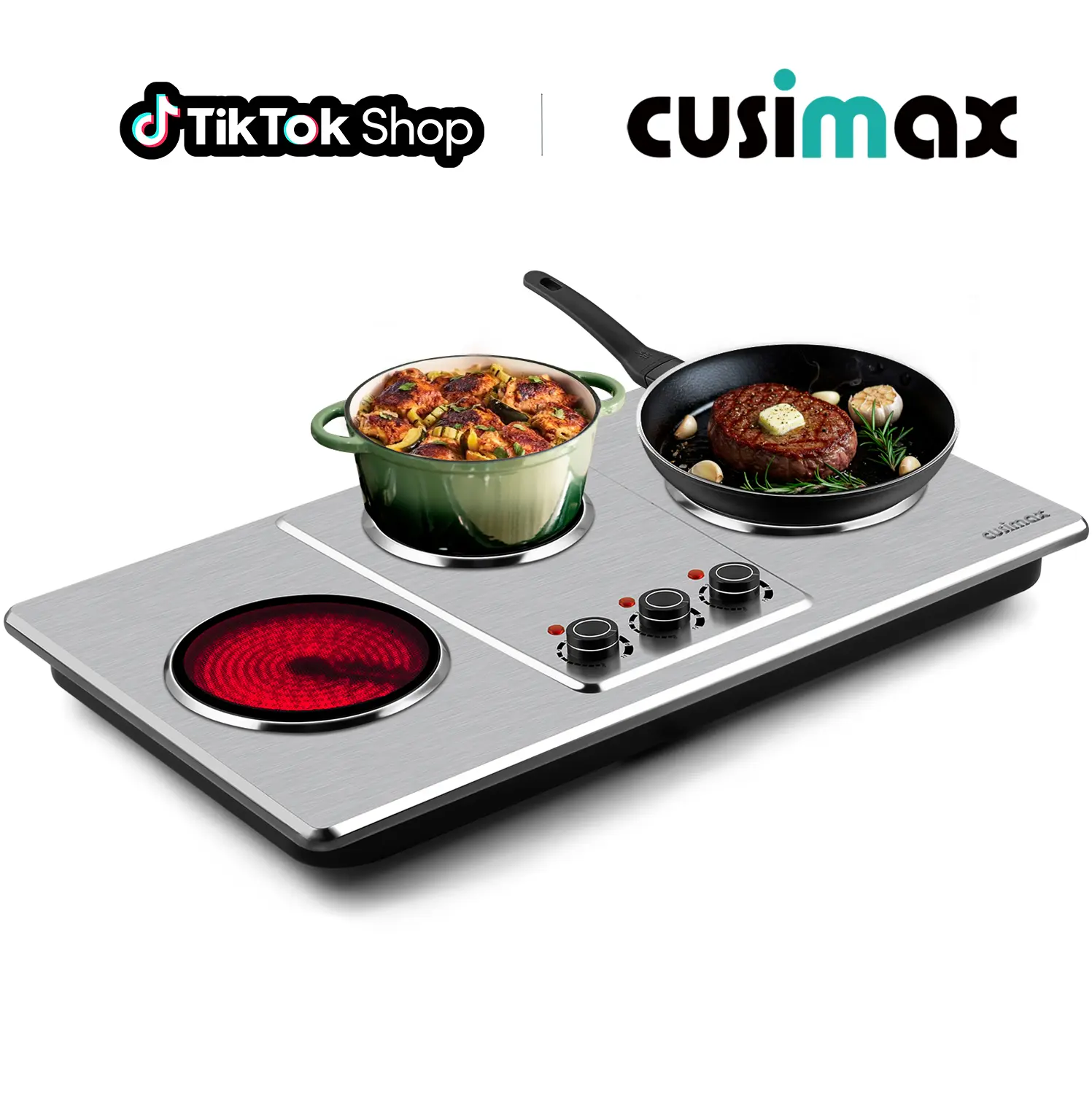 CUSIMAX 3-Burner Infrared Electric Hot Plate - 1800W Stainless Steel Kitchen Appliances Countertop Hob, 7in Ceramic Glass Cooktop, 11-Level Temp Setting,120V Input, Auto Shut-Off, Universal Cookware Compatibility, 30-Day Free Return,tiktokshopbacktoschool