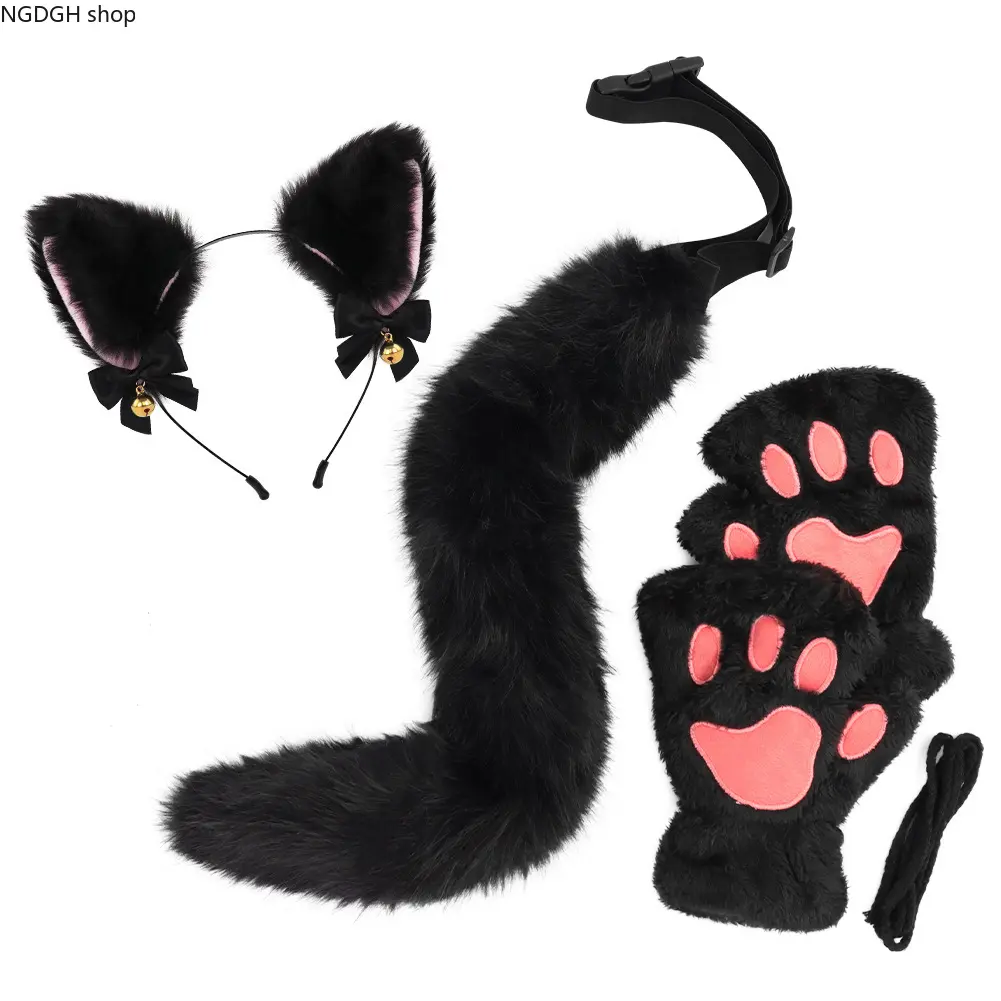Furry Cat Accessories for Lady, 3-Piece Black Plush Costumes for Halloween Party with Headband, Gloves & Tail, Costume Accessory, Cosplay, Female
