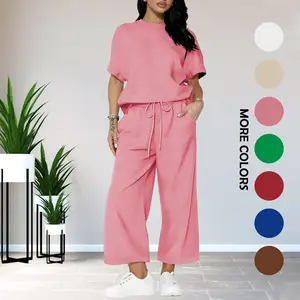 Women's Textured 2 Piece Outfit - Casual Round Neck Crop Top & Pants Set, Breathable Stretch Fabric Co-ord for Daily Wear, Errands, Travel & Weekend Outings, Trendy Matching Sets for Women