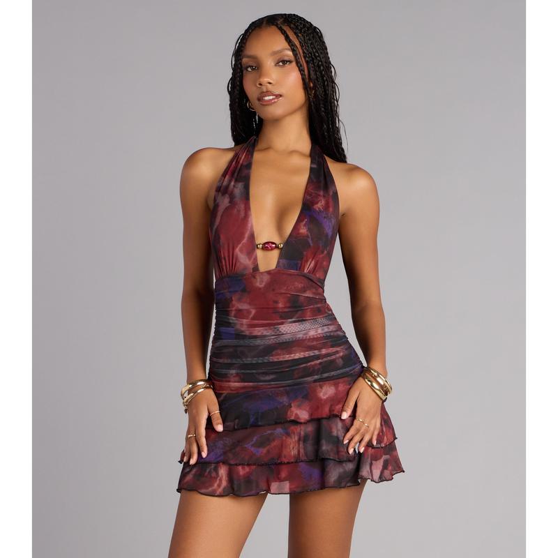 Effortlessly Bold Abstract Print Halter Mini Dress