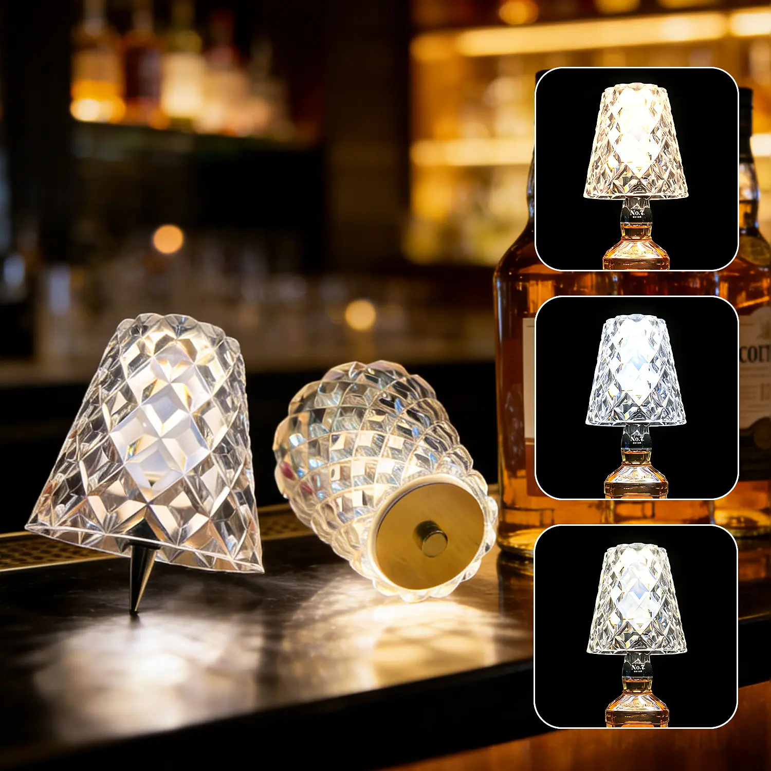 Wireless Bottle Lamp for Liquor Bottles,2000mAh Acrylic Wine Bottle Lampshade Light,3-Color Touch Controlbottle Top Lamp Stopper Light,Clear Wine Bottle Lights,Rechargeable Crystal Bar Lamp for Bar,Home,Kitchen,Party Lighting