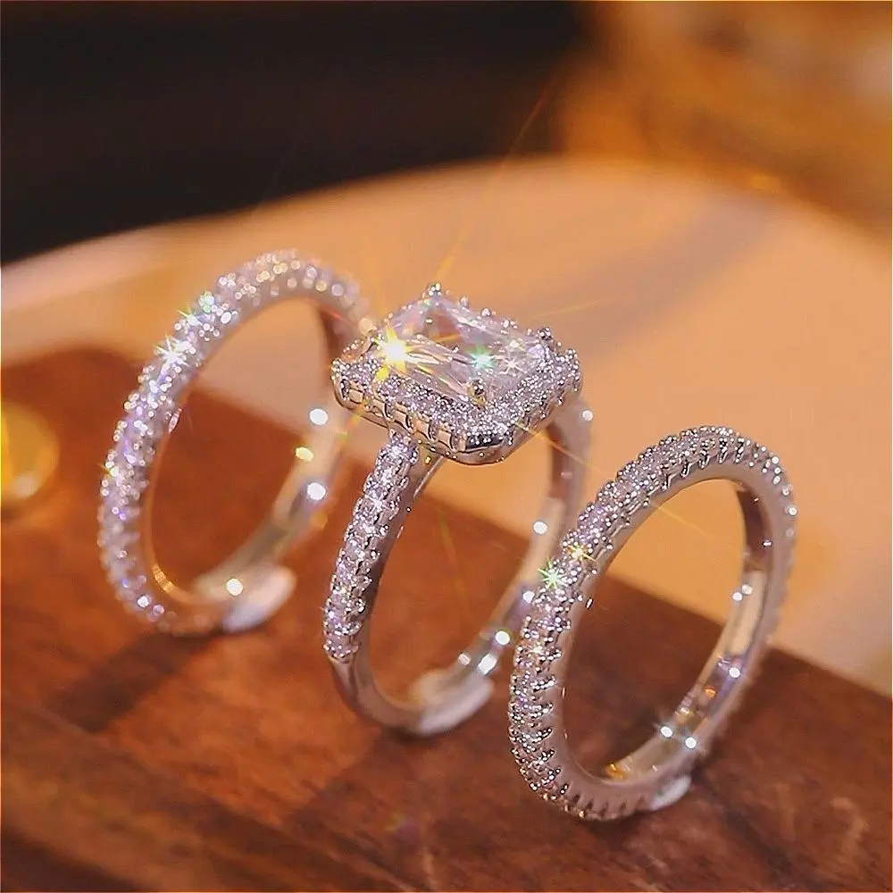 3pc/set Shiny Square Jewelry Gift for Her - Sparkling Synthetic  Stackable Rings, Perfect for Engagement, Anniversary, Christmas/New Year/Valentine’s