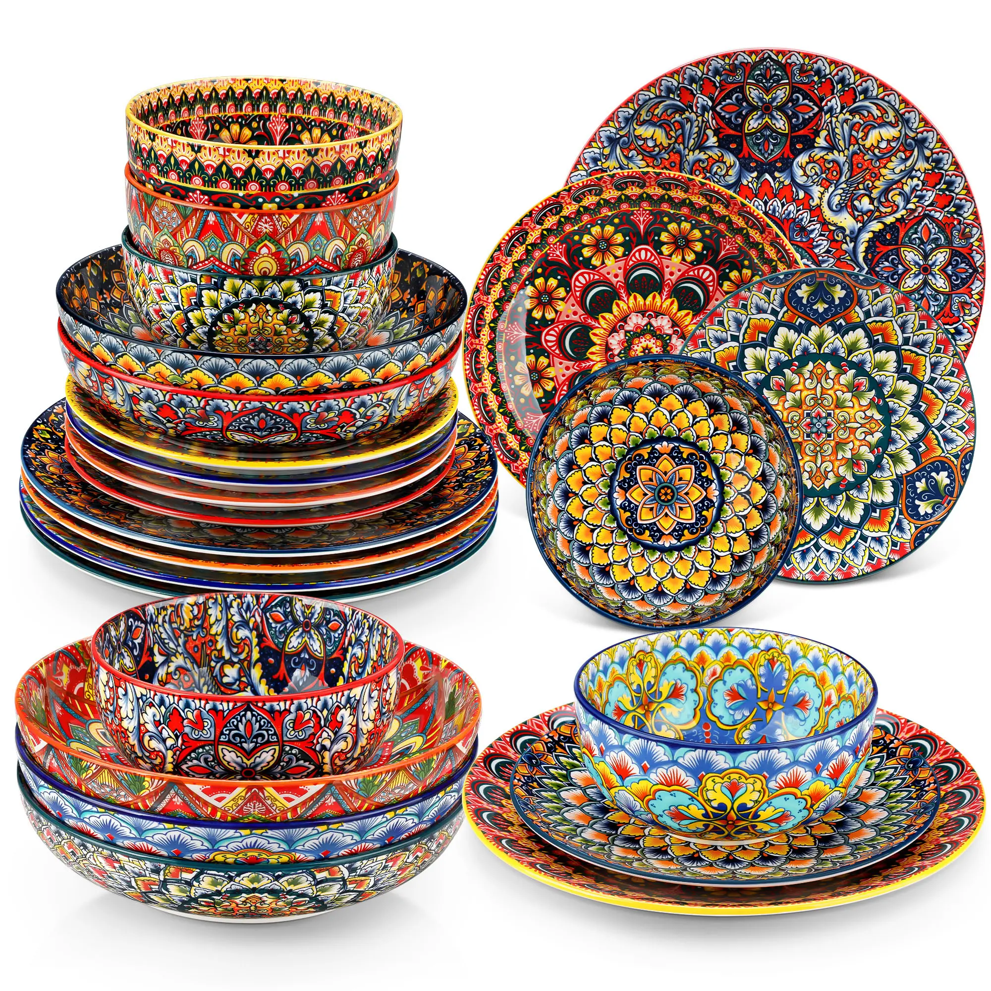 Vancasso LUMI Series 24/18/12-Piece Dinnerware Set, Porcelain Plates and Bowls Set, Dishes Set Service for 4/6, Bohemian Style Tableware, Microwave & Dishwasher Safe, Scratch-Resistant, Lead-Free, Space-Saving Stackable Design, Ideal for Daily Use & Gifts