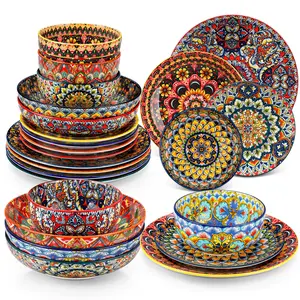Vancasso LUMI Series 24/18/12-Piece Dinnerware Set, Porcelain Plates and Bowls Set, Dishes Set Service for 4/6, Bohemian Style Tableware, Microwave & Dishwasher Safe, Scratch-Resistant, Lead-Free, Space-Saving Stackable Design, Ideal for Daily Use & Gifts