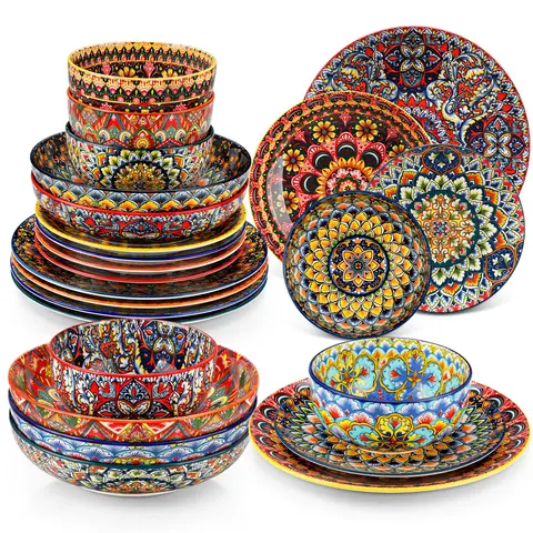 Vancasso LUMI Series 24/18/12-Piece Dinnerware Set, Porcelain Plates and Bowls Set, Dishes Set Service for 4/6, Bohemian Style Tableware, Microwave & Dishwasher Safe, Scratch-Resistant, Lead-Free, Space-Saving Stackable Design, Ideal for Daily Use & Gifts