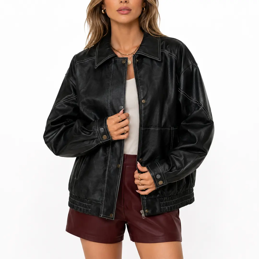 Arssm Women’s Faux Leather Jacket – Oversized Bomber Moto Jacket Zip Up, Casual Streetwear Fall Winter Coat, Vintage PU Leather Biker Jacket Outfit 2026