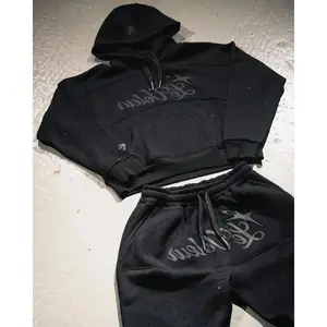 HoodieSweatpantTwoPieceSetY2KSportswearMenHipHopLetteringEmbroideryRhinestonesOversizedSweatshirtCasualPantsSetSweatsuitWithPocketsSolidTracksuits