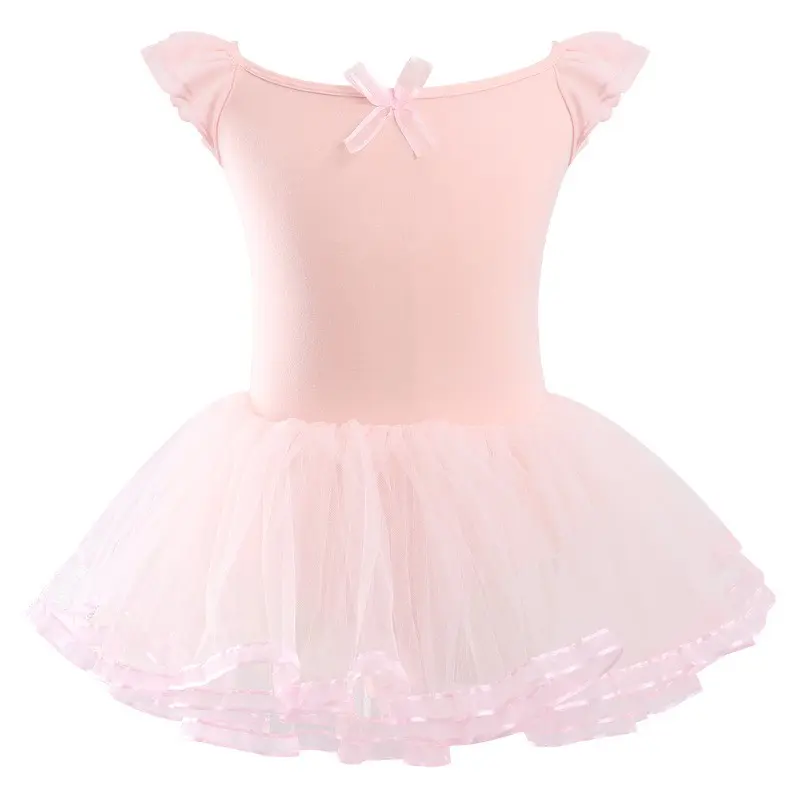Girls' Pink A-Line Ballet Tutu Dress - Crew Neck Short-Sleeve Above-Knee Casual Performance Wear with Ruffled Volant Sleeves, Twist, Bow Back Detail