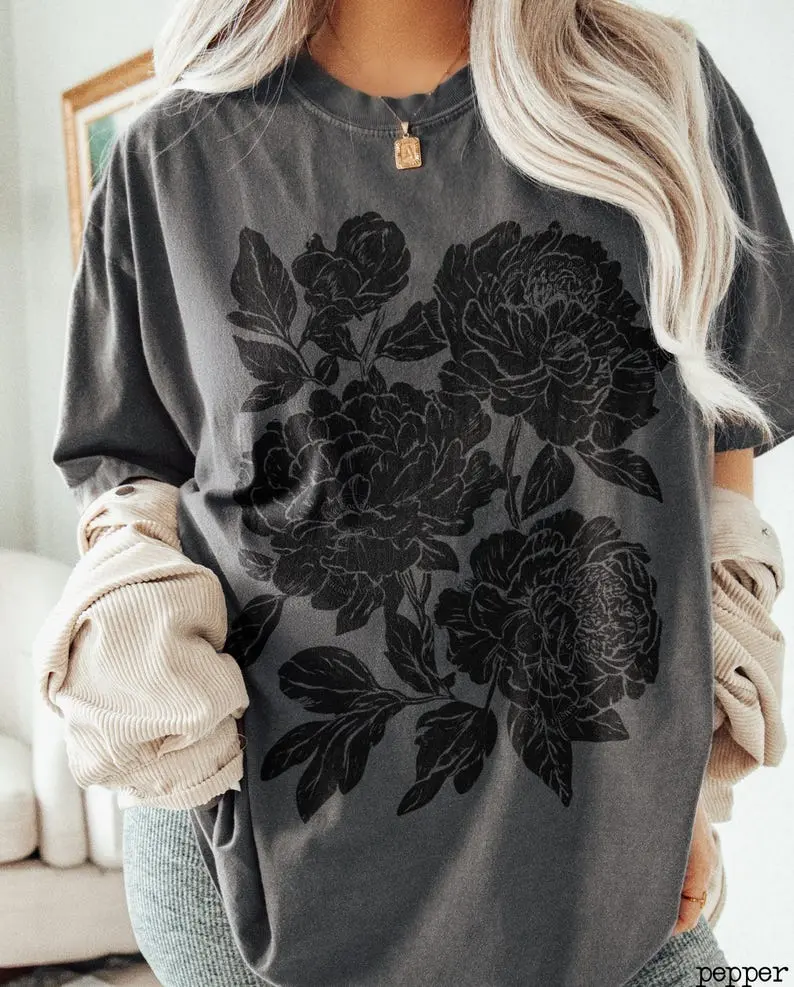 Comfort Colors Vintage Linocut Flower Shirt, Peonies and Ranunculus Botanical Tee, Aesthetic Block Print Floral T-shirt, Cottagecore Wildflower Top, Art Nouveau Graphic Shirt, Pre-shrunk Cotton Nature Lover Gift