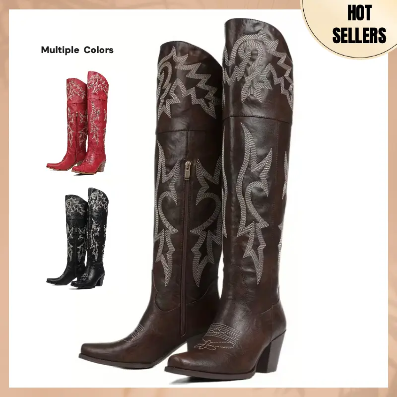 Knee High Tall Cowboy Boots Women Vintage Embroidered Pointed Platform Over the Knee Cowgirl Boots Fashion Square Toe Chunky Heel Western Over-The-Knee Vacation Boots,shoes for back to school,back to school shoes